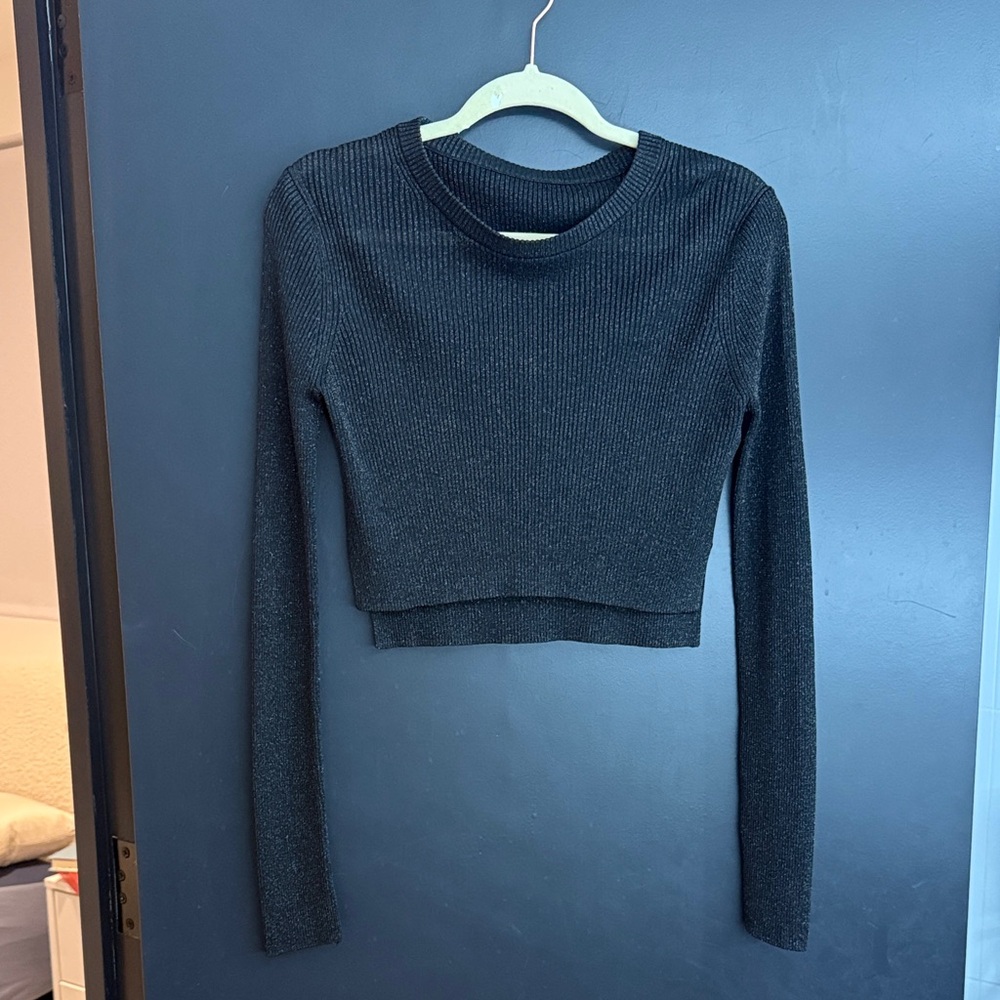All Saints Shimmering Black Long Sleeve Crop Top